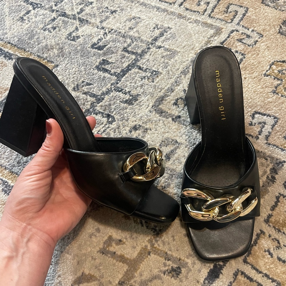 Madden Girl Black and Gold Women's Heeled Mules